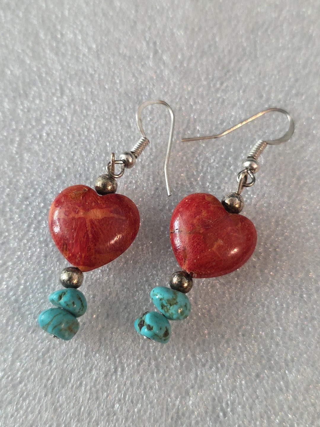 Red Heart Coral & Turquoise Bead Dangle Earrings N.A. Southwestern Handmade