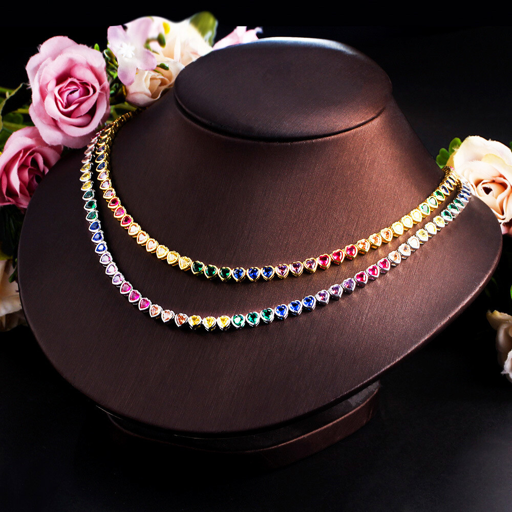 Gold Plated Rainbow Cubic Zircon Heart Tennis Necklace for Women Wedding Jewelry