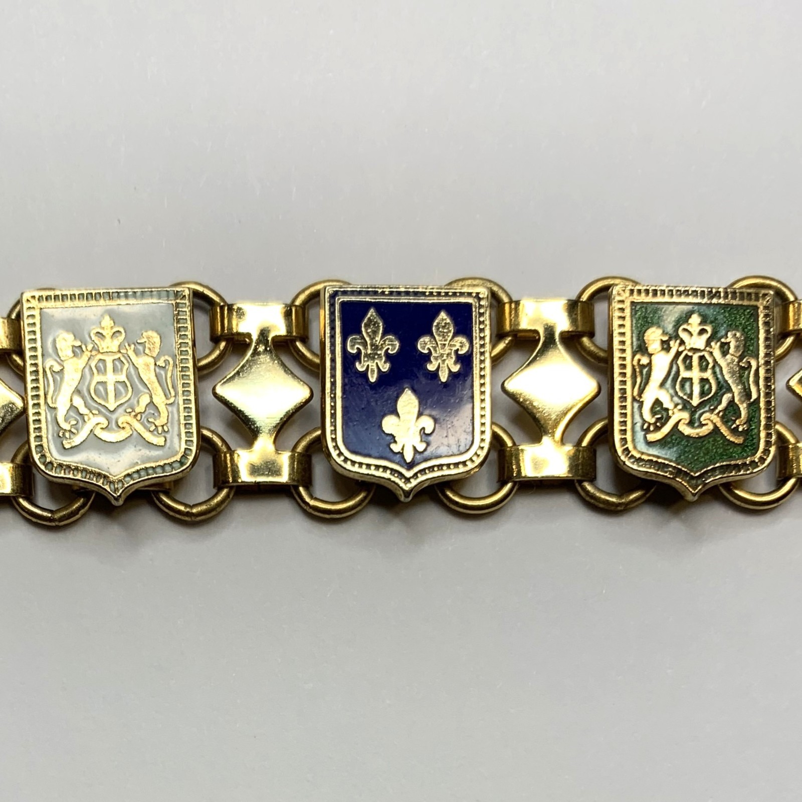Vintage Gold Tone Enamel French Style Coat of Arms & Fleur De Lis Bracelet