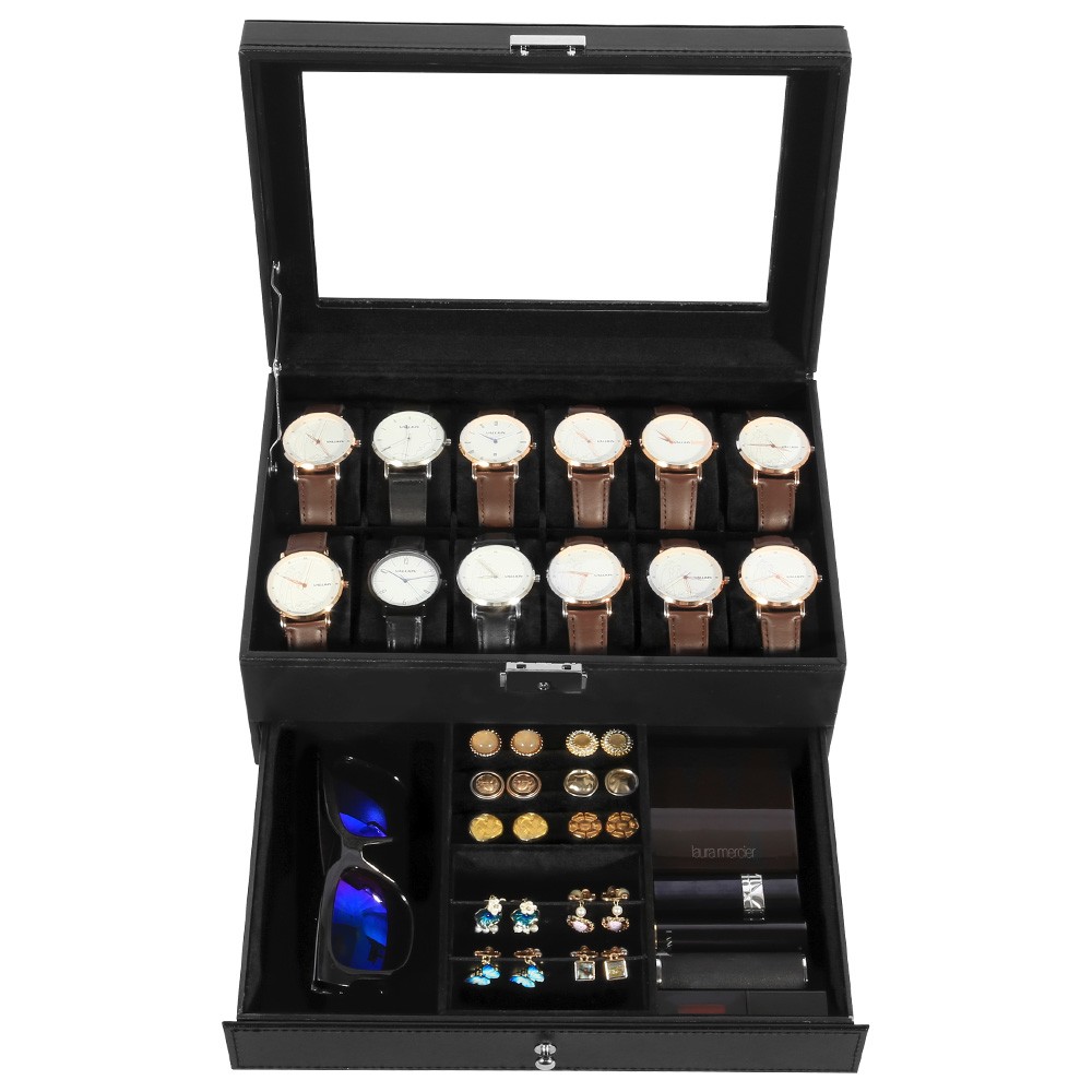 12 Slots Watch Box PU Leather Watch Case Lockable Jewelry Storage Display Case