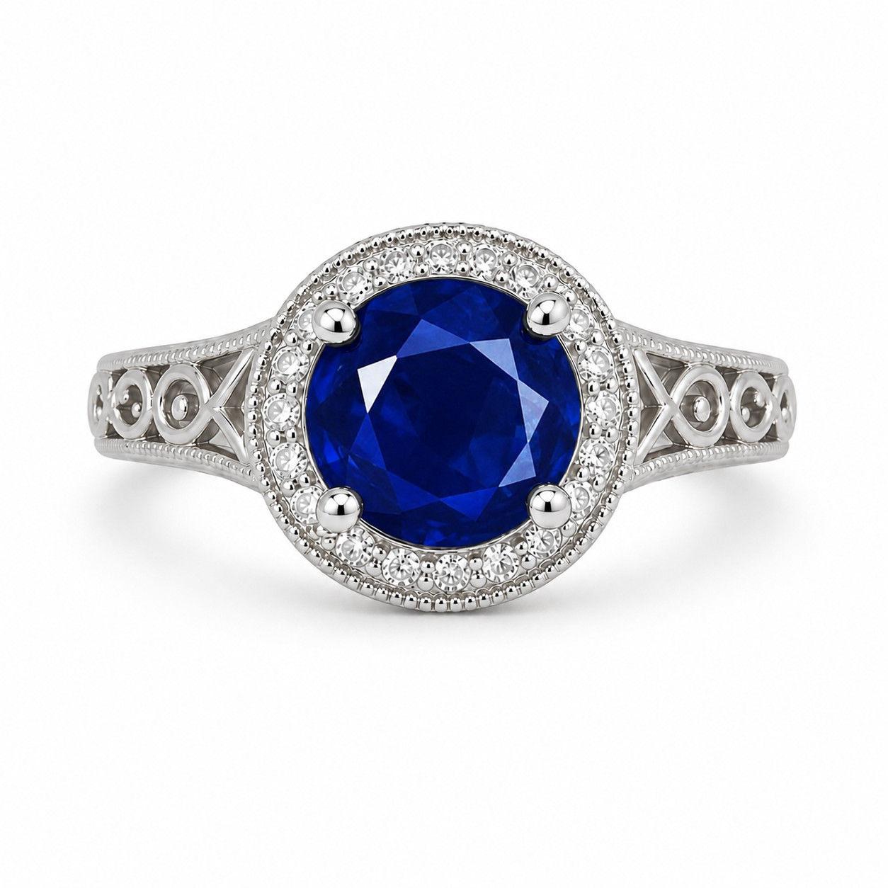 Sterling Silver 925 Blue Sapphire Round Cut 7.00mm Vintage Halo Engagement Ring
