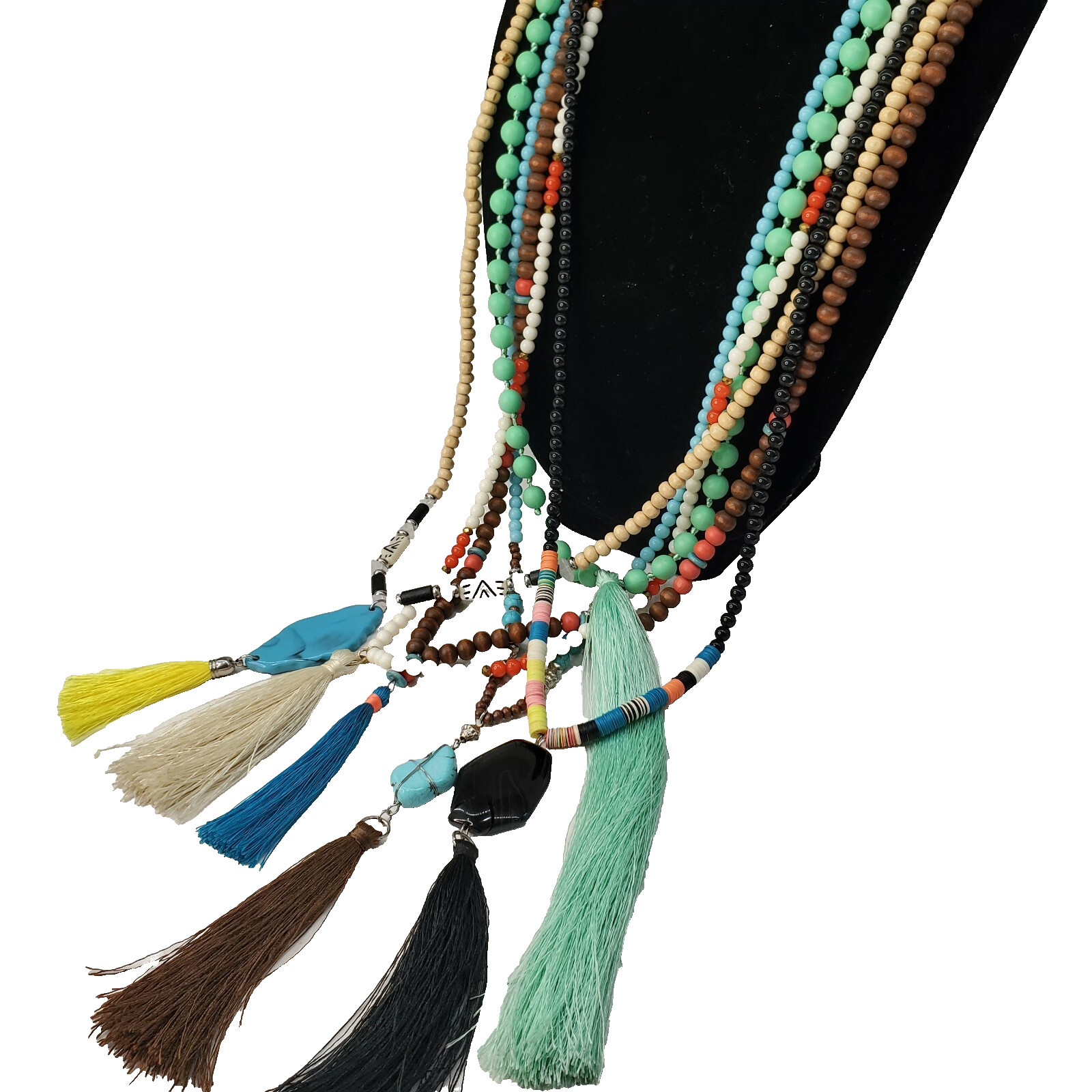 6 Beaded Tassel Necklaces – Wood & Faux Turquoise & Bone & Shell Multicolor Long