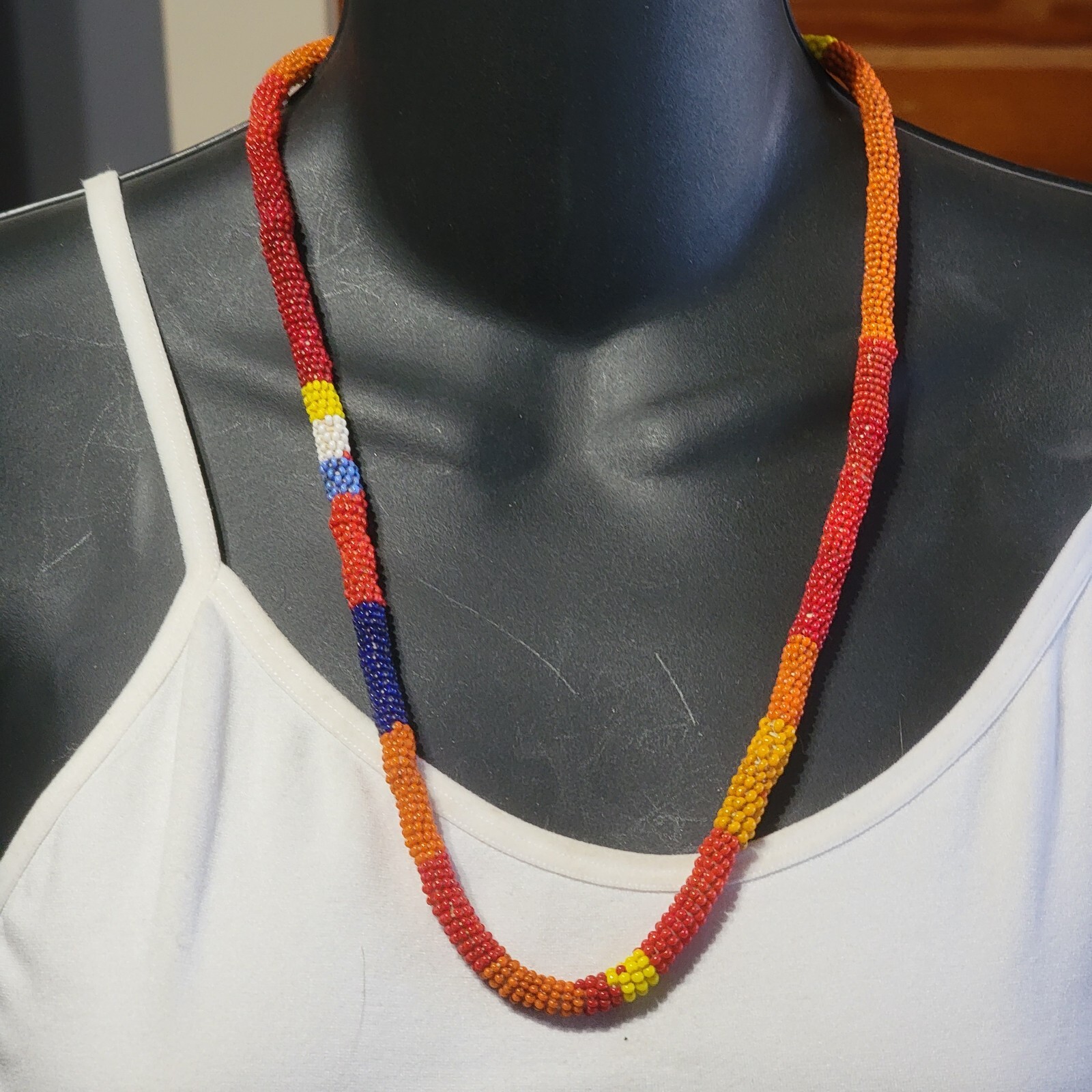 Vintage Tribal Necklace Hand Beaded Colorful Red Blue Yellow Orange 25″ rd01-27