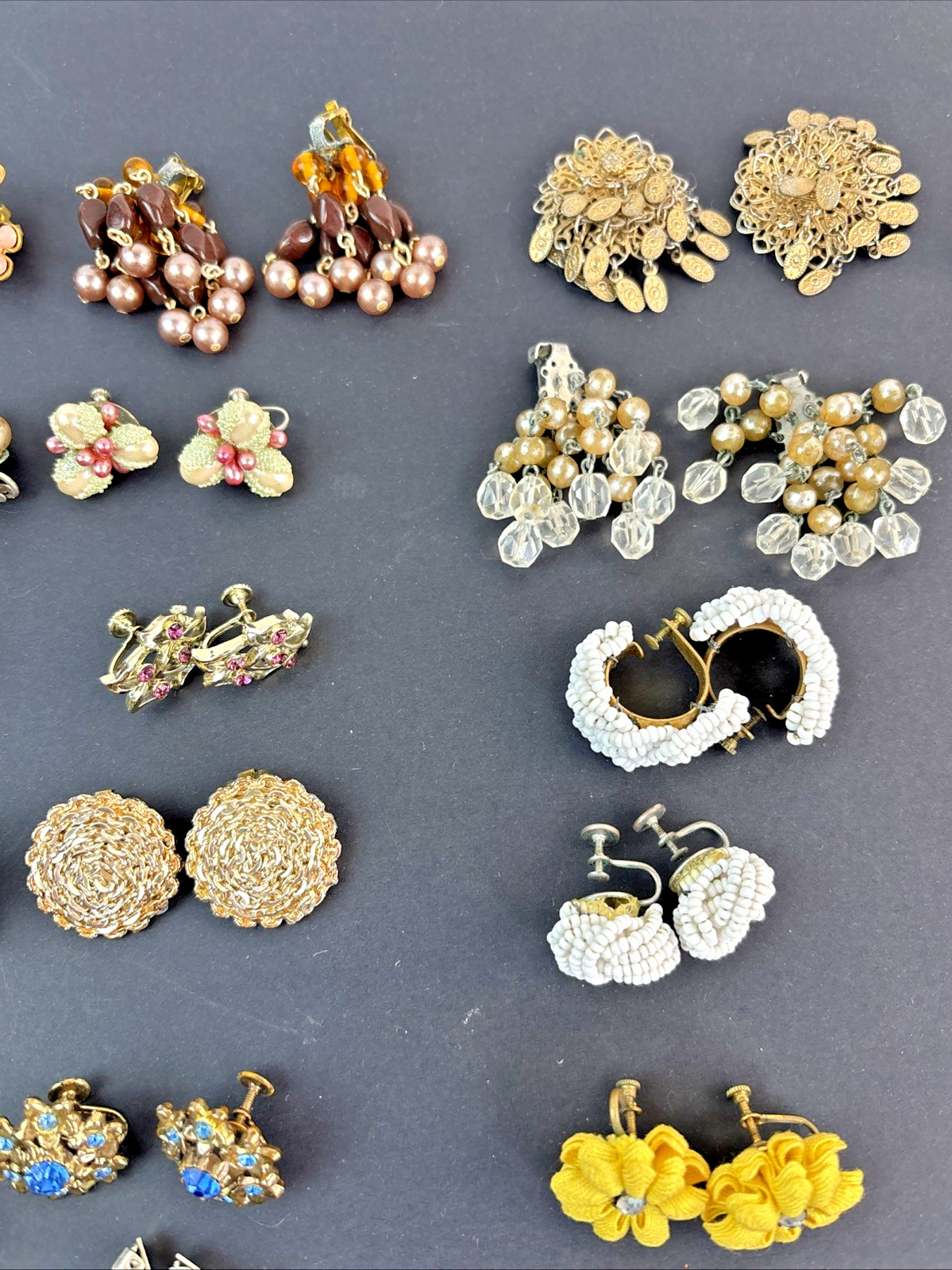 Lot of 62 Clip-on Screw Back Earrings Vintage 1940’s-1970’s Mixed Metals Cluster