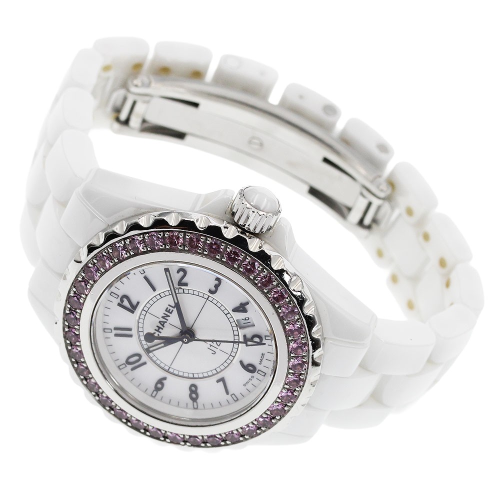 CHANEL J12 H1181 Pink Sapphire Bezel white Dial Quartz Ladies Watch_959548