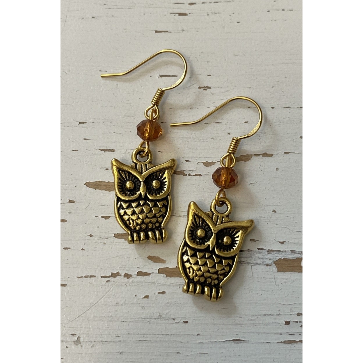 Owl Charms Dangle Earrings Gold Tone Hypoallergenic Ear Wires Amber Crystal