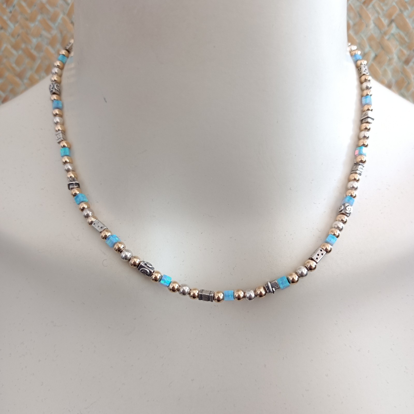 Israeli Modernist Necklace Sterling Silver Gold Filled Artisan Chic Blue Stone