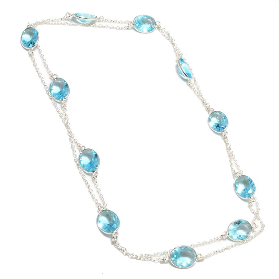 Aquamarine Gemstone Handmade 925 Sterling Silver Jewelry Necklace Sz 36″