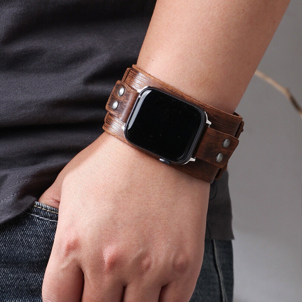 Leather Wide Cuff Band For Apple Watch Series 8 7 6 5 4 3 SE iWatch Strap 38-49m