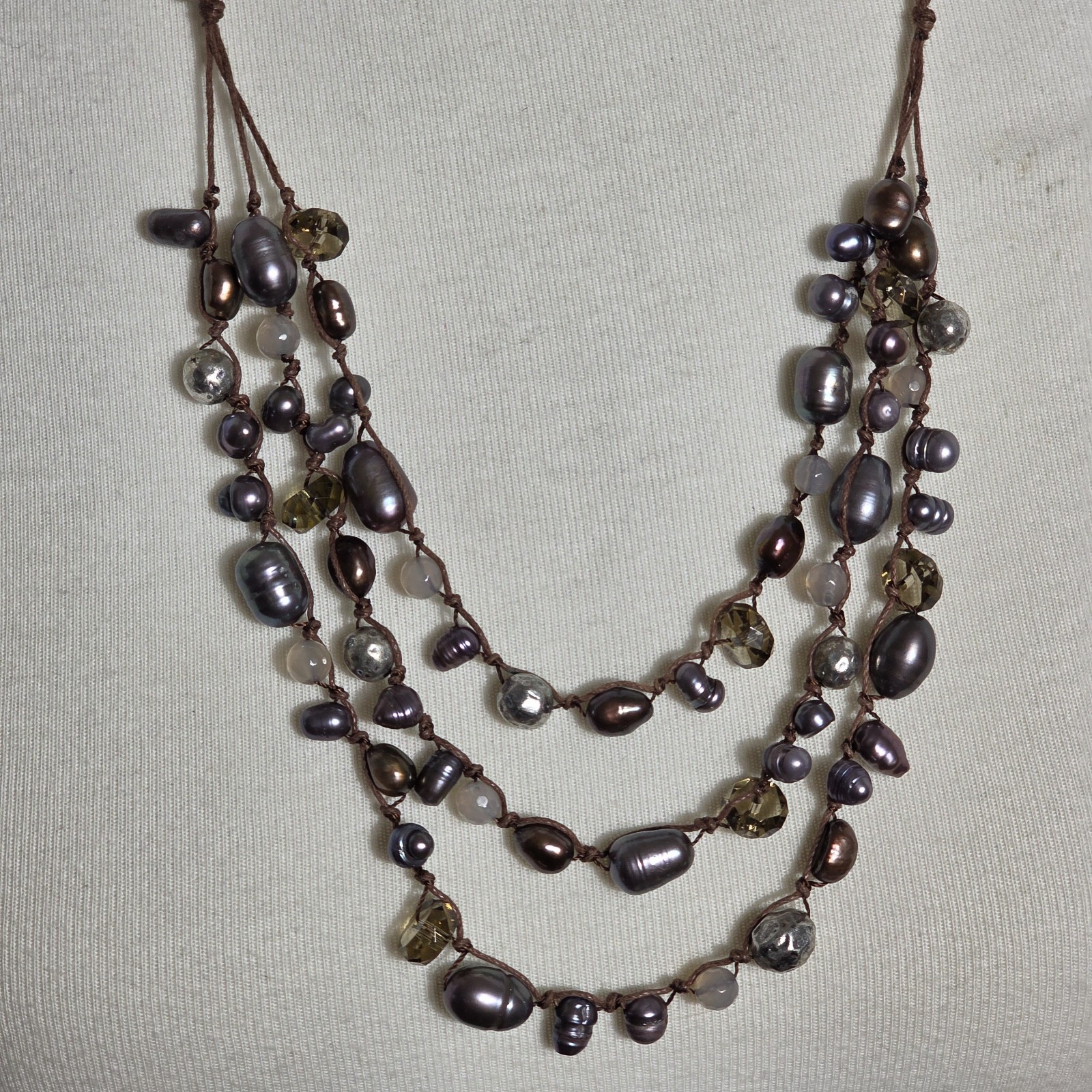 J. Jill Triple Strand Necklace Gray & Bronze Colored Beads on Brown Cord