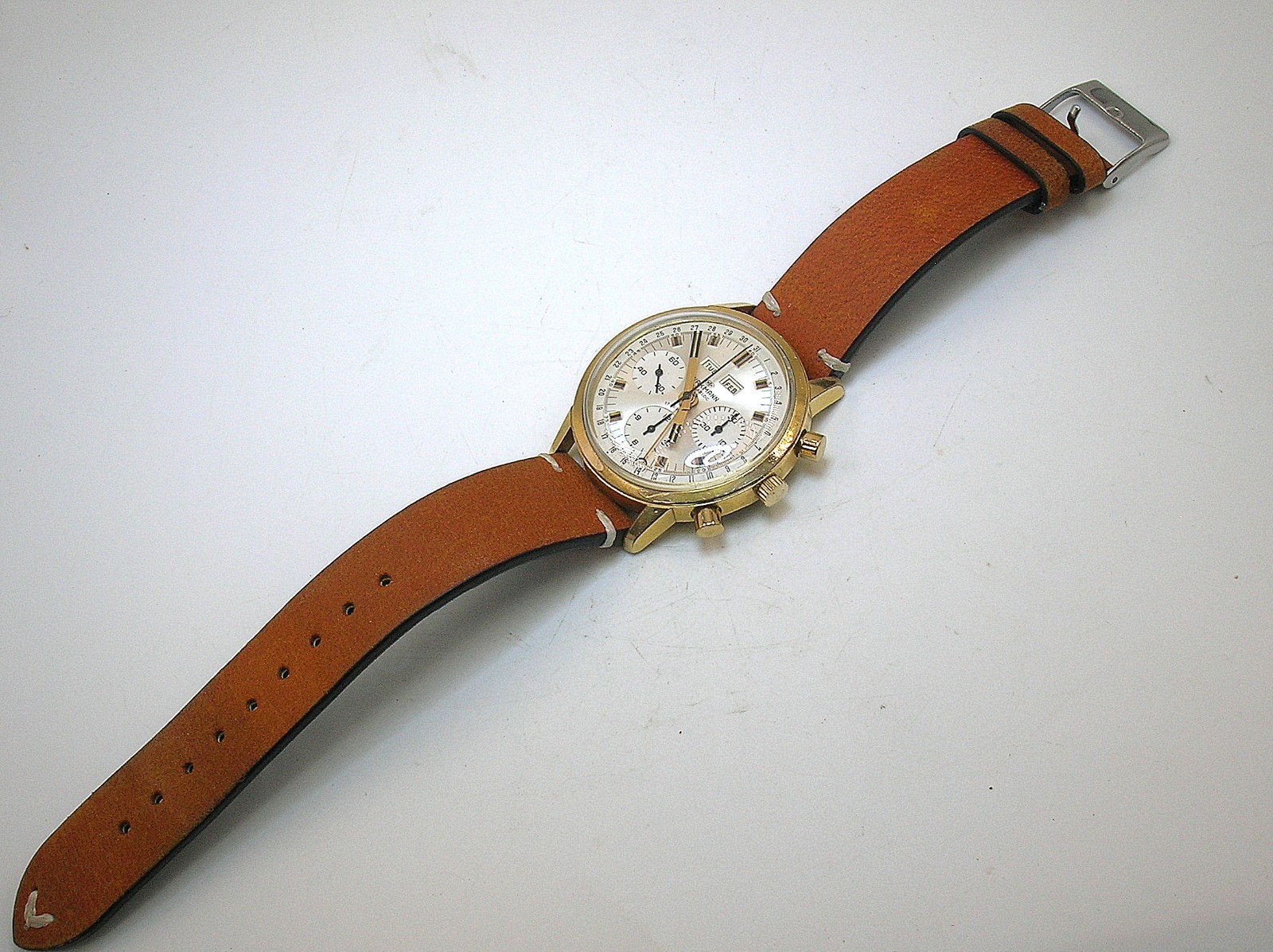 WAKMANN JUMBO TRIPLE DATE CHRONO VALJOUX 730-WORKING-SMALL PUSHER HEAD MISSING