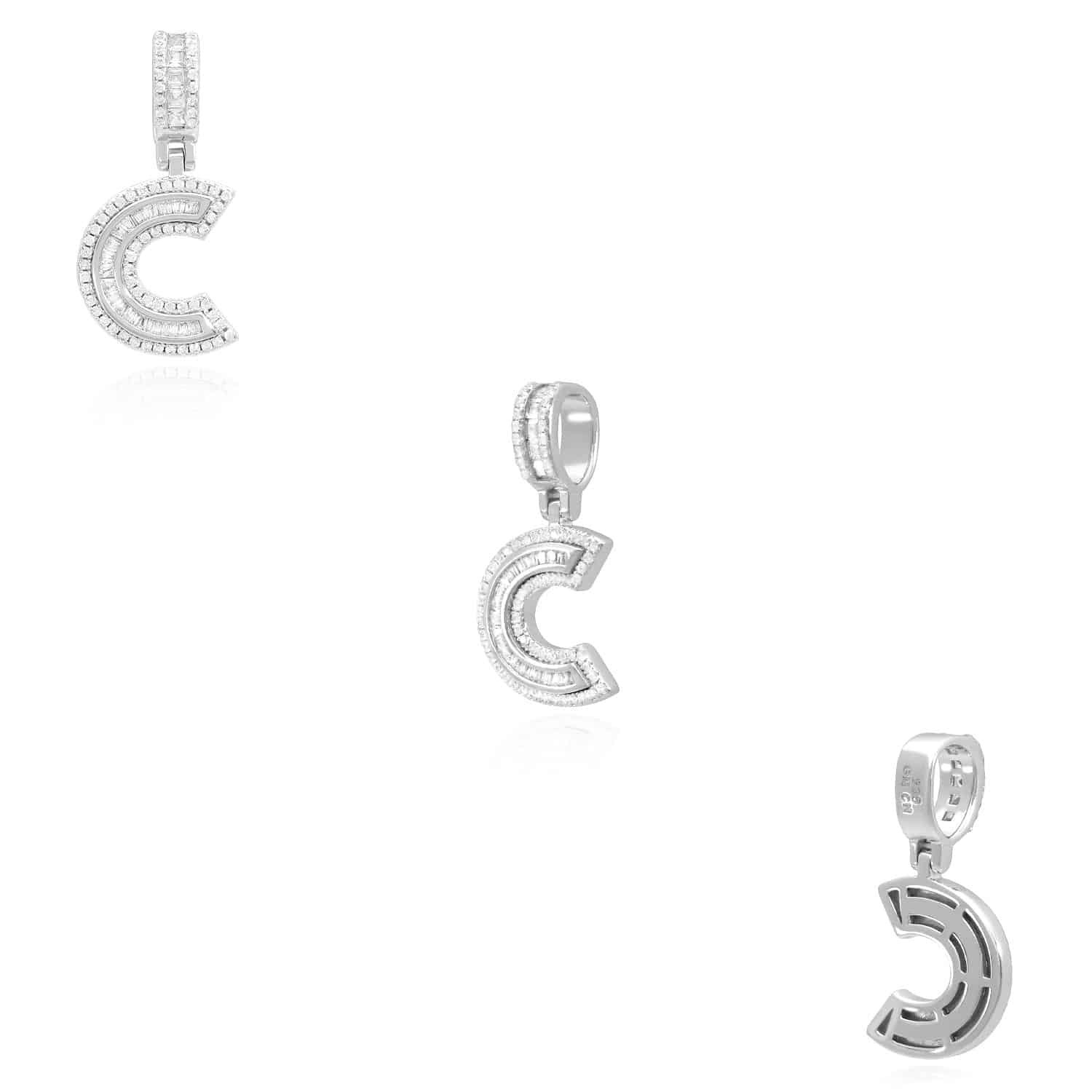 18K White Gold Over Silver CZ Initial Letter Charm Pendant 1.2″