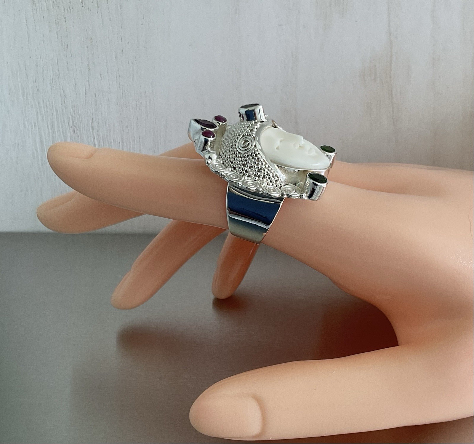 Sajen Silver Carved Goddess Ring Multi Gemstones 925 Sterling Silver Size 7
