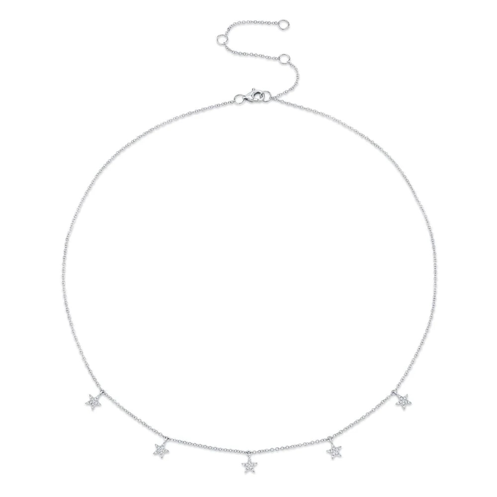 14k White Gold Diamond Star Necklace Pave Set Natural Round Cut 0.13 CTW