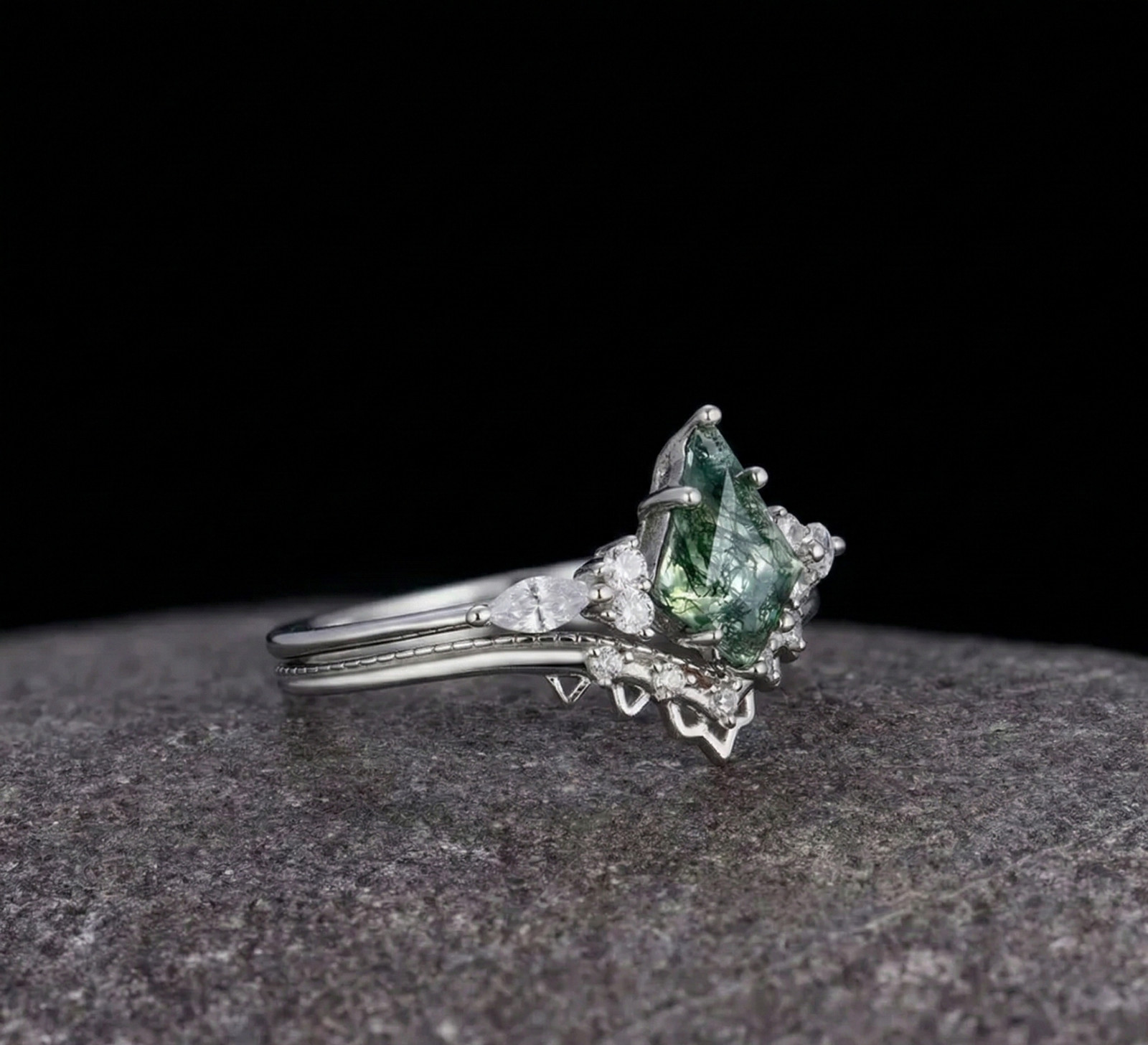Kite Cut Moss Agate Engagement Ring, Sterling Silver Art Deco Bridal Set