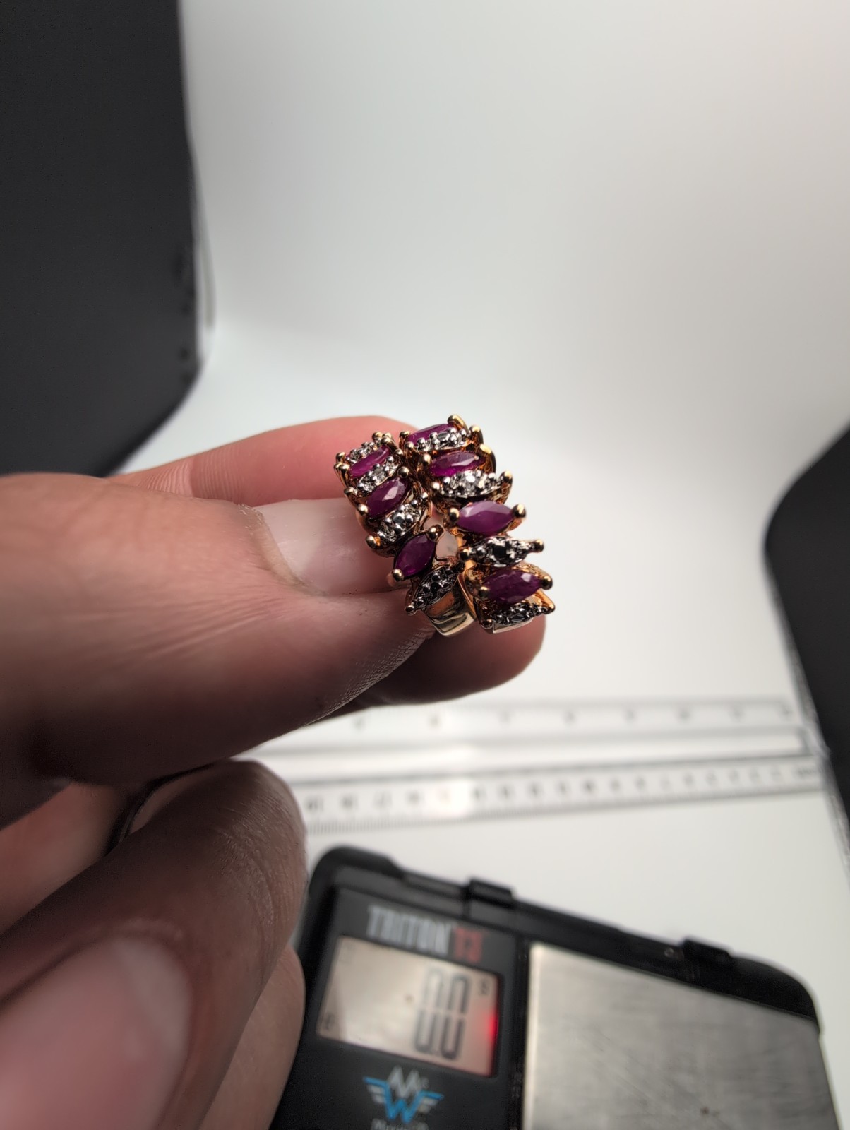 925 & Gold Vermeil Ruby CZ Hoop Earrings 4.2g Marquise Cut