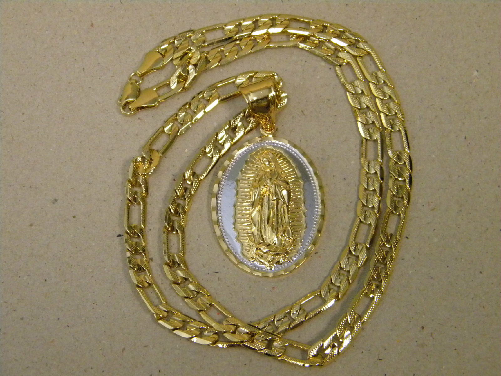 Men’s Yellow Gold Rhodium Plated Figaro Chain Mother Mary Charm Set 24in 6 10mm
