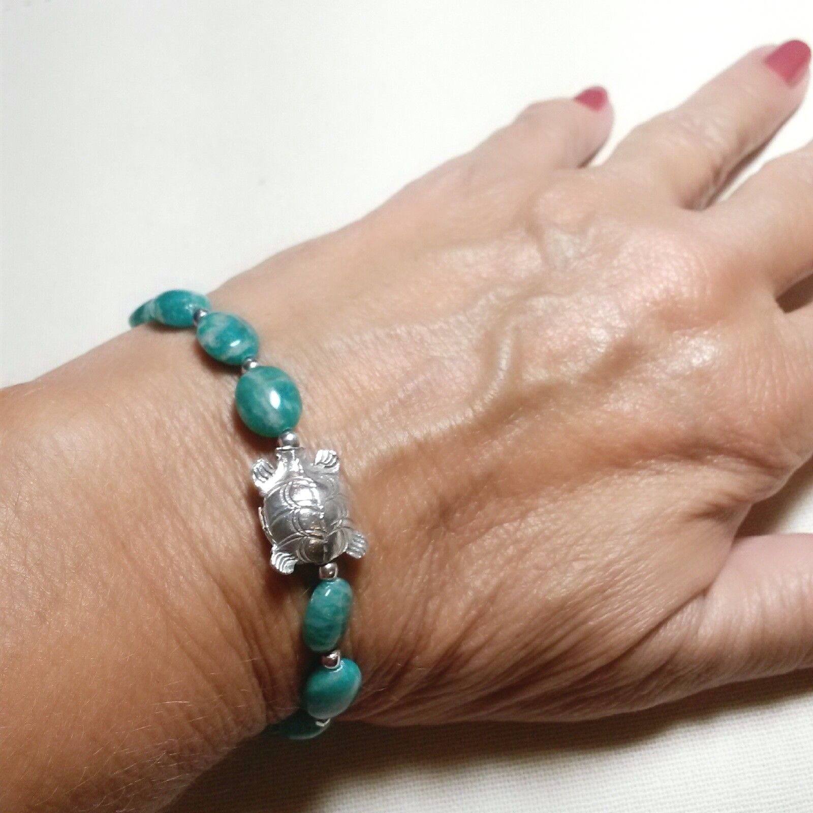 AMAZONITE HANDMADE TURTLE HILL TRIBE FINE SILVER (95-99% PURE) TOGGLE BRACELET