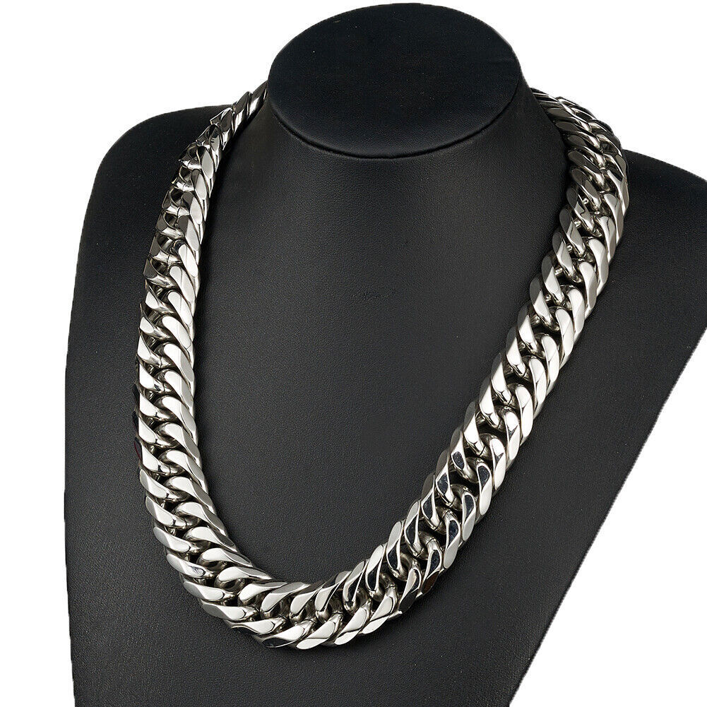 HEAVY 19/21mm Silver Cut Curb Cuban Link Chain 316L Stainless Steel Men Necklace