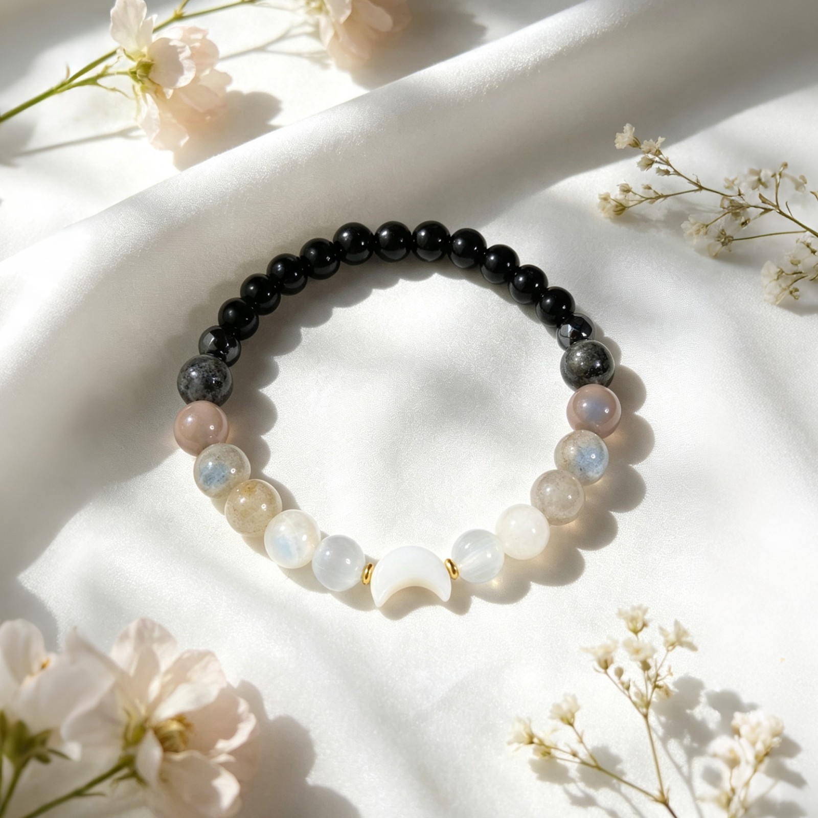 Moon Phase Bracelet – Moonstone Labradorite, Selenite Black Tourmaline Jewelry