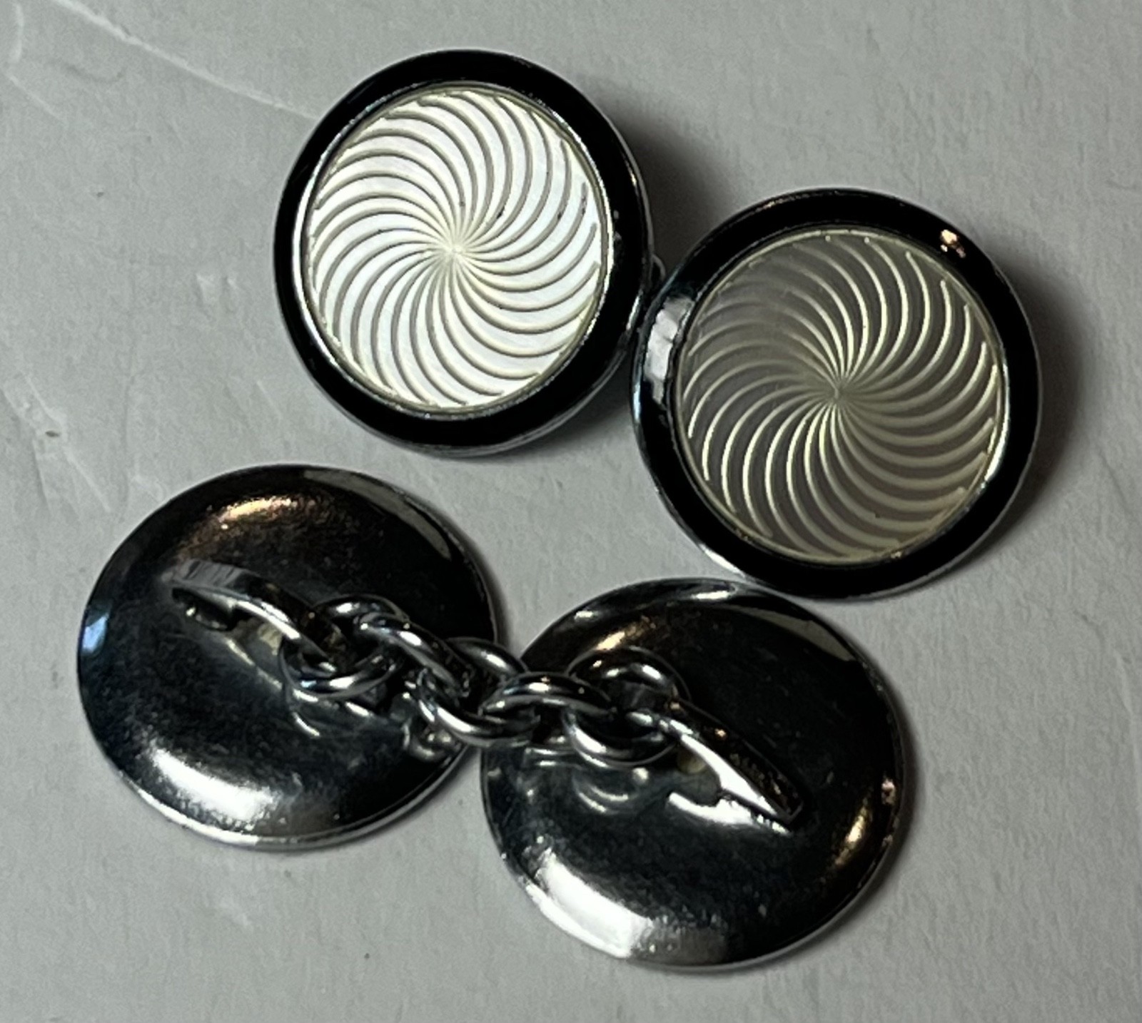 Vintage silver tone black enamel swirl cufflinks mid century modern