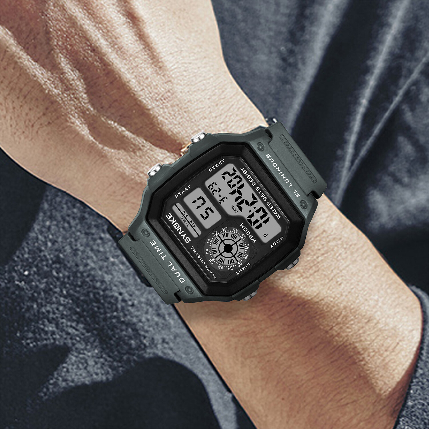 Army Green Mens Digital Watch Multifunction Waterproof Casual Wristwatch Sports
