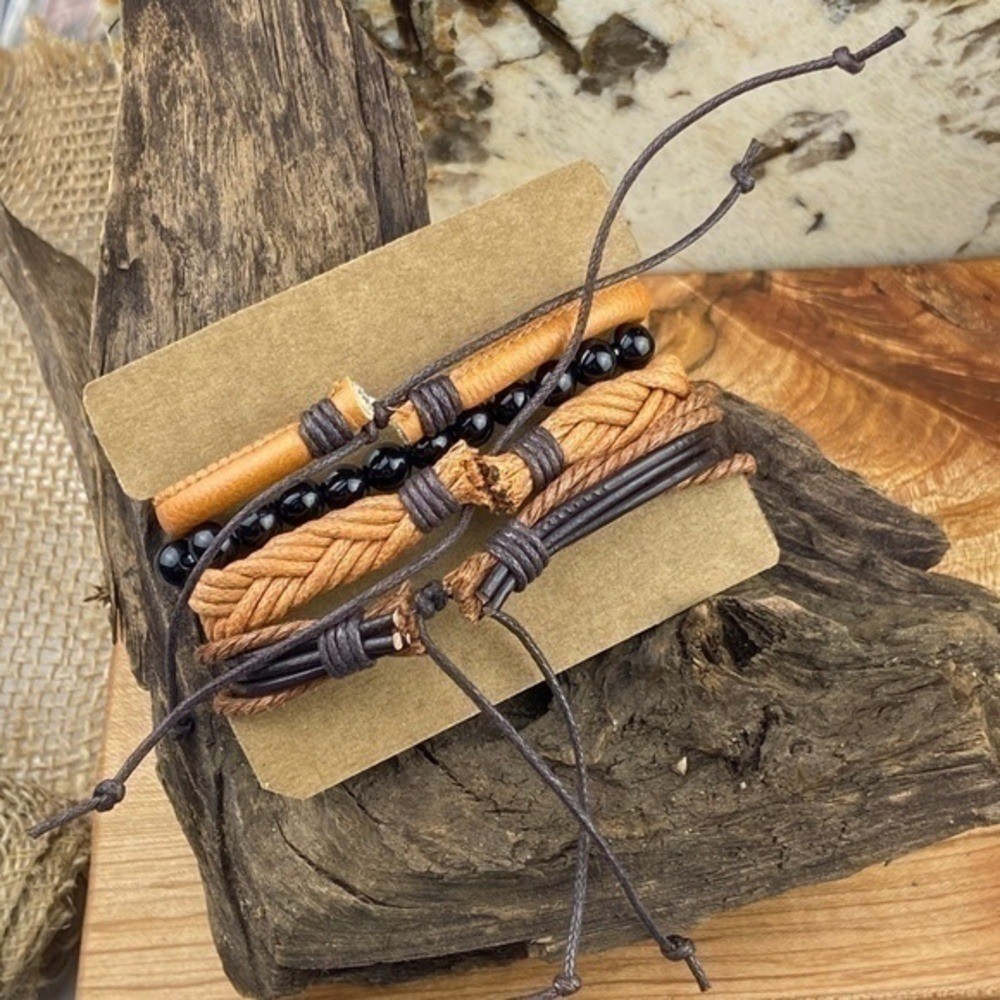 Mens Bracelets Bundle Adjustable Faux Leather & Hemp Onyx Stone Beads