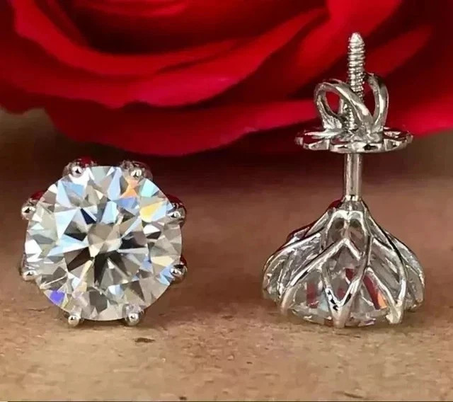 14k White Gold Plate Round Cut Lab Created Diamond Solitaire Stud Earrings 4 Ct