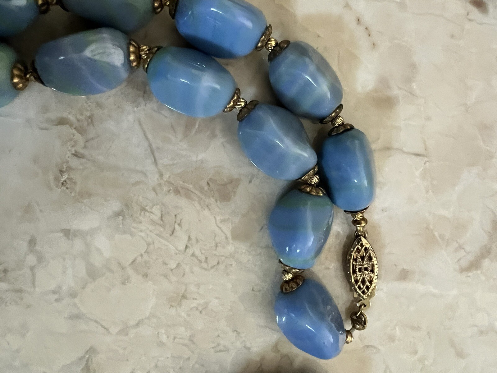 Vintage Periwinkle Blue & Green Slag Art Glass Necklace – Sterling Clasp – 24”