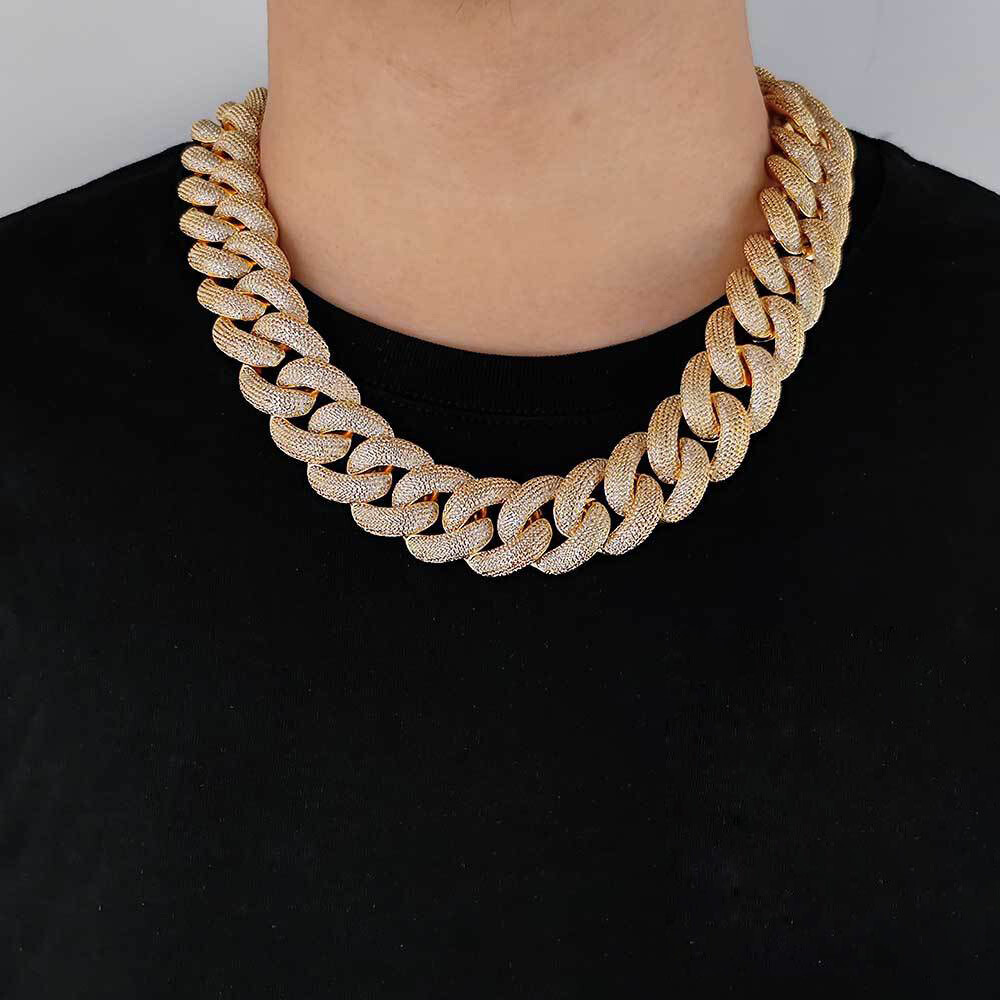 25mm Hip Hop Bubble Cuban Link Chain White CZ Stone 18K Real Gold Plated Jewelry