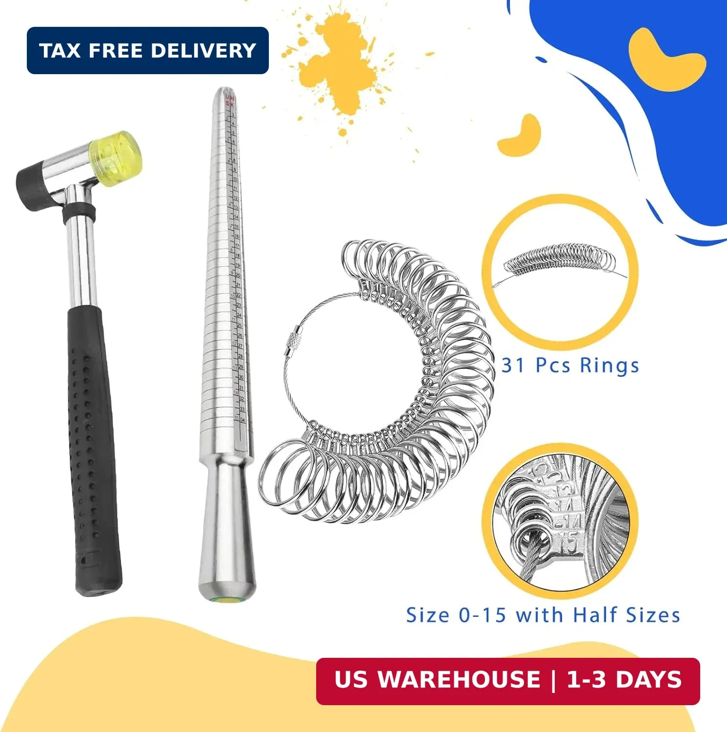 SDSLD Ring Mandrel Metal Ring Sizer Measuring Tool & Rubber Jewelry Hammer Ring