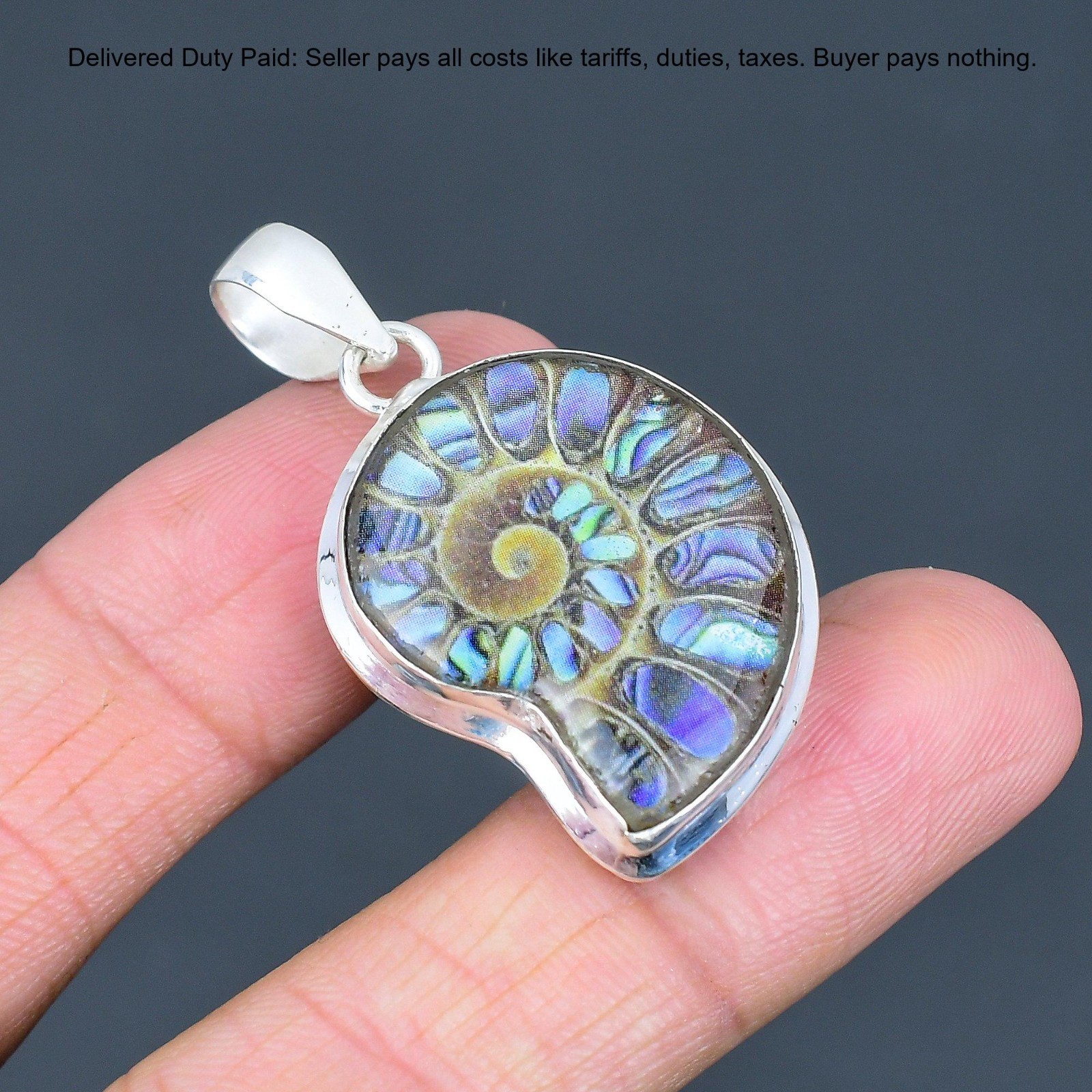 Natural Abalone Shell In Ammonite Doublet Opal Sterling Silver Pendant Jewelry