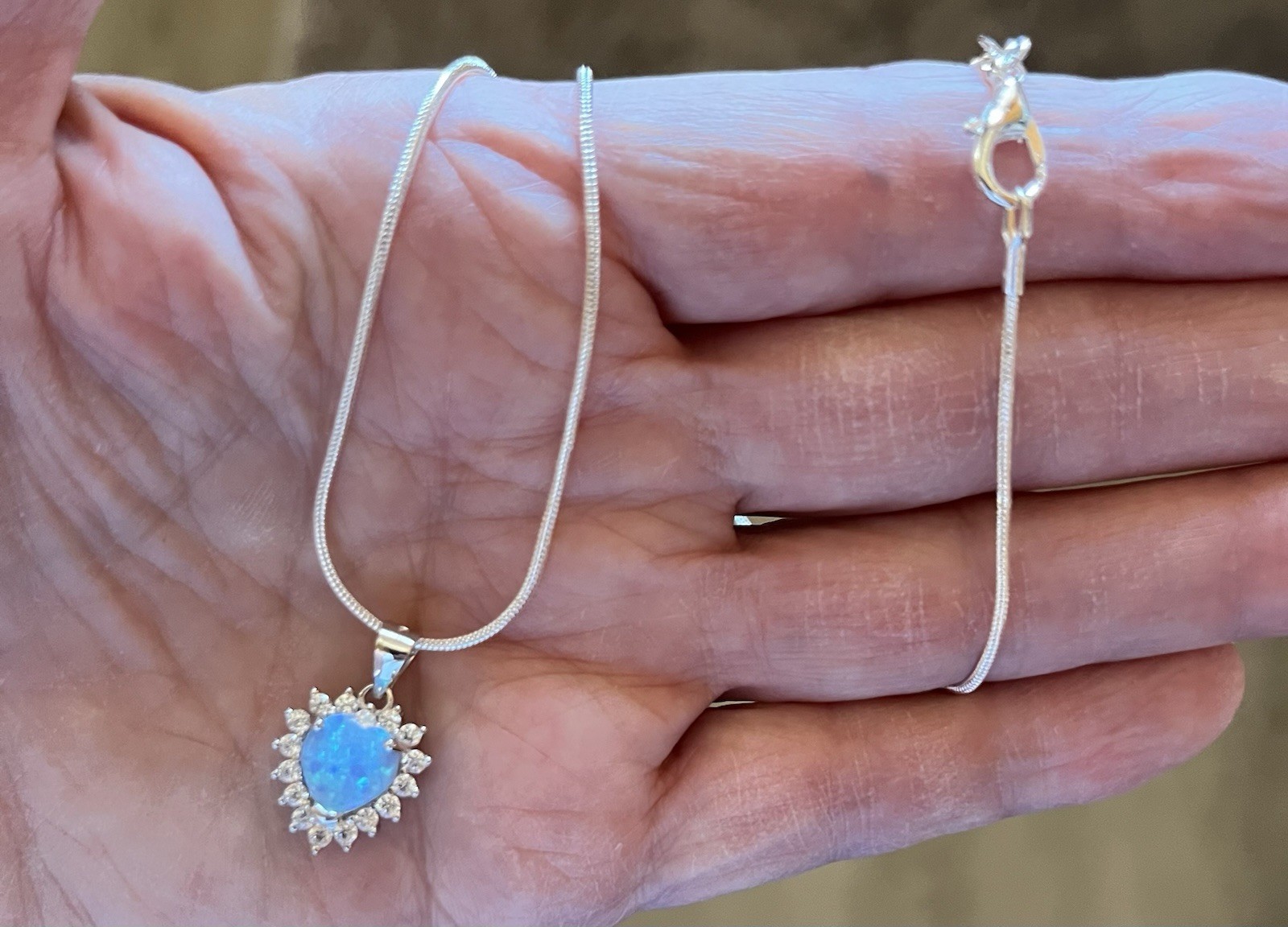 Sterling Silver Blue Lab Opal Heart Pendant Necklace 20”. Pendant Height:13 mm💙