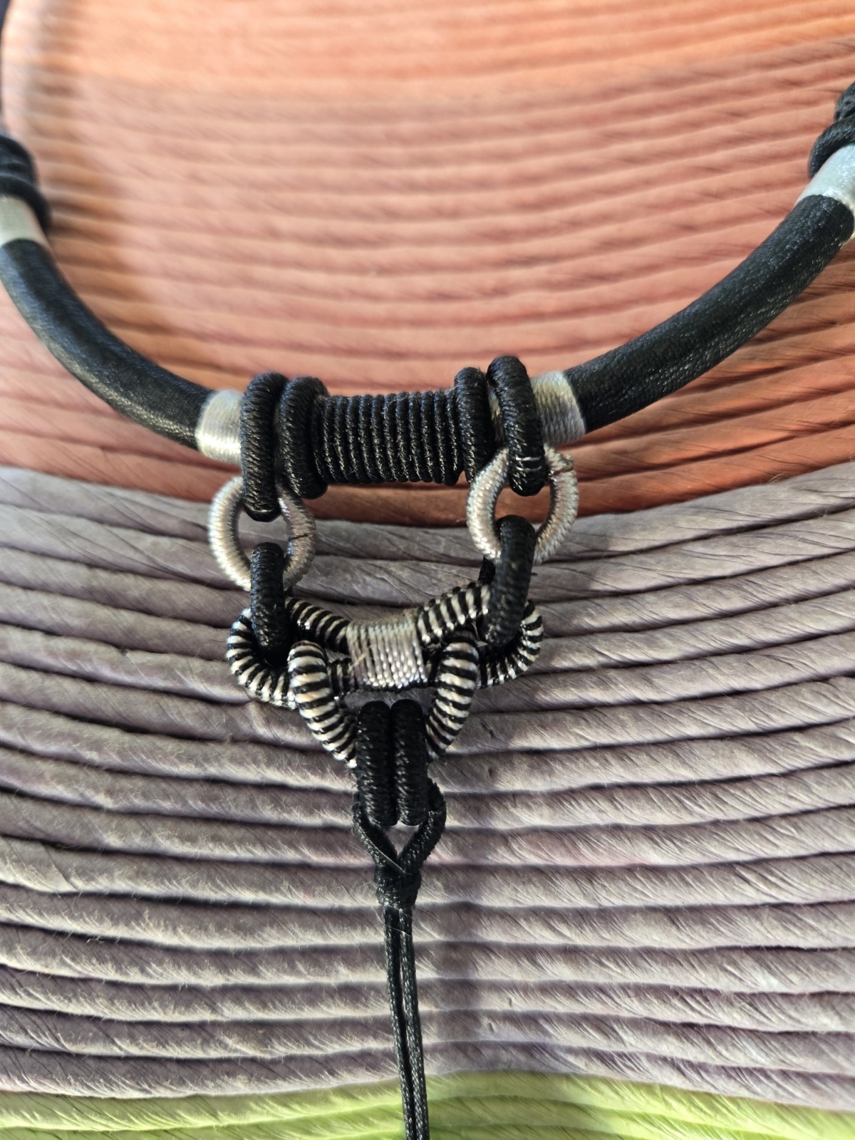 Art Glass Bead Necklace On Silver Wrapped Black Cord Boho Unique