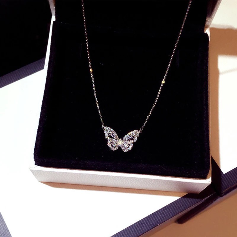 Sterling Silver Crystal CZ Butterfly Pendant Necklace Choker chain Gift Box PE50