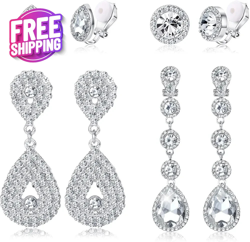 4 Pairs Silver Clip-On Dangle Drop Earrings for Women Non-Pierced Set