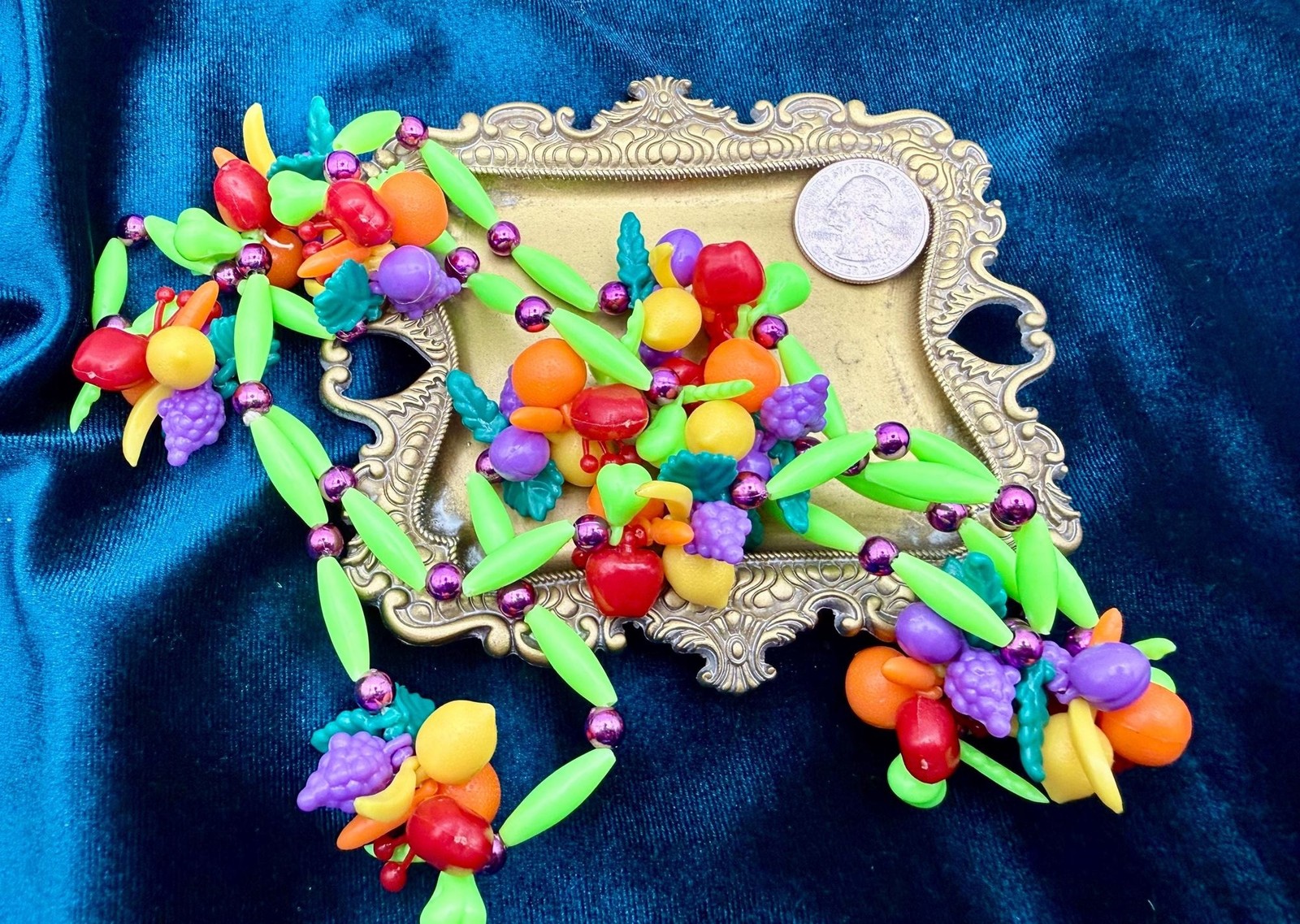 1960s Vintage Lucite Fruit Necklace, Colorful Novelty Beaded Strand Jewelry