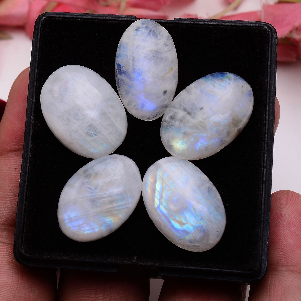 5 Pcs Natural Rainbow Moonstone 23mm-25mm Oval Cabochon Untreated Huge Gemstones