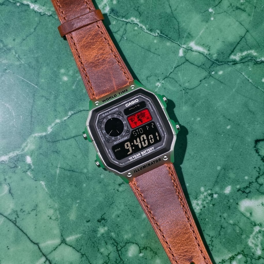 CASIO AE-1200WHD. Royale Watch Mod. Leather Band Negative Display. RED World Map