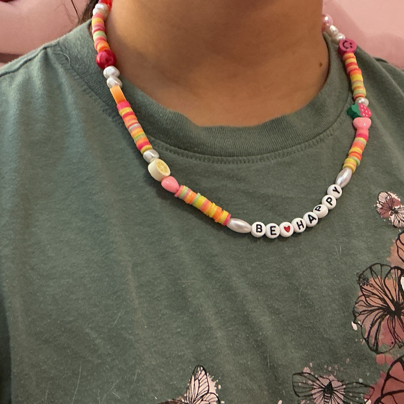 Multicolor Plastic Beaded Charm Necklace “BE HAPPY” Adjustable, Love Theme