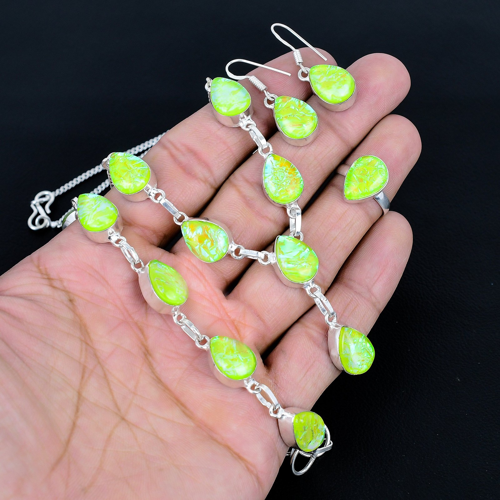 Green Australian Triplet Opal Gemstone Ethnic 925 Sterling Silver Jewelry Set I5