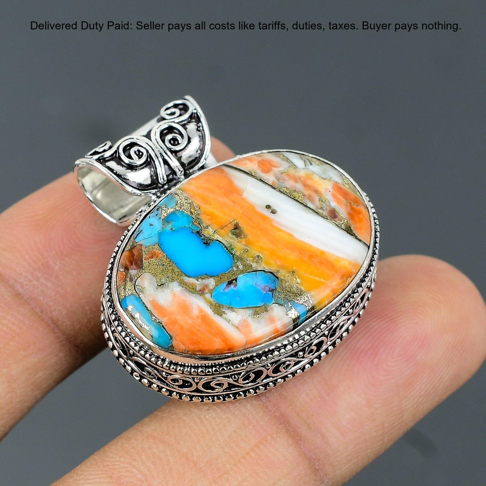Natural Spiny Oyster Copper Turquoise Artisan Vintage Pendant Sterling Silver