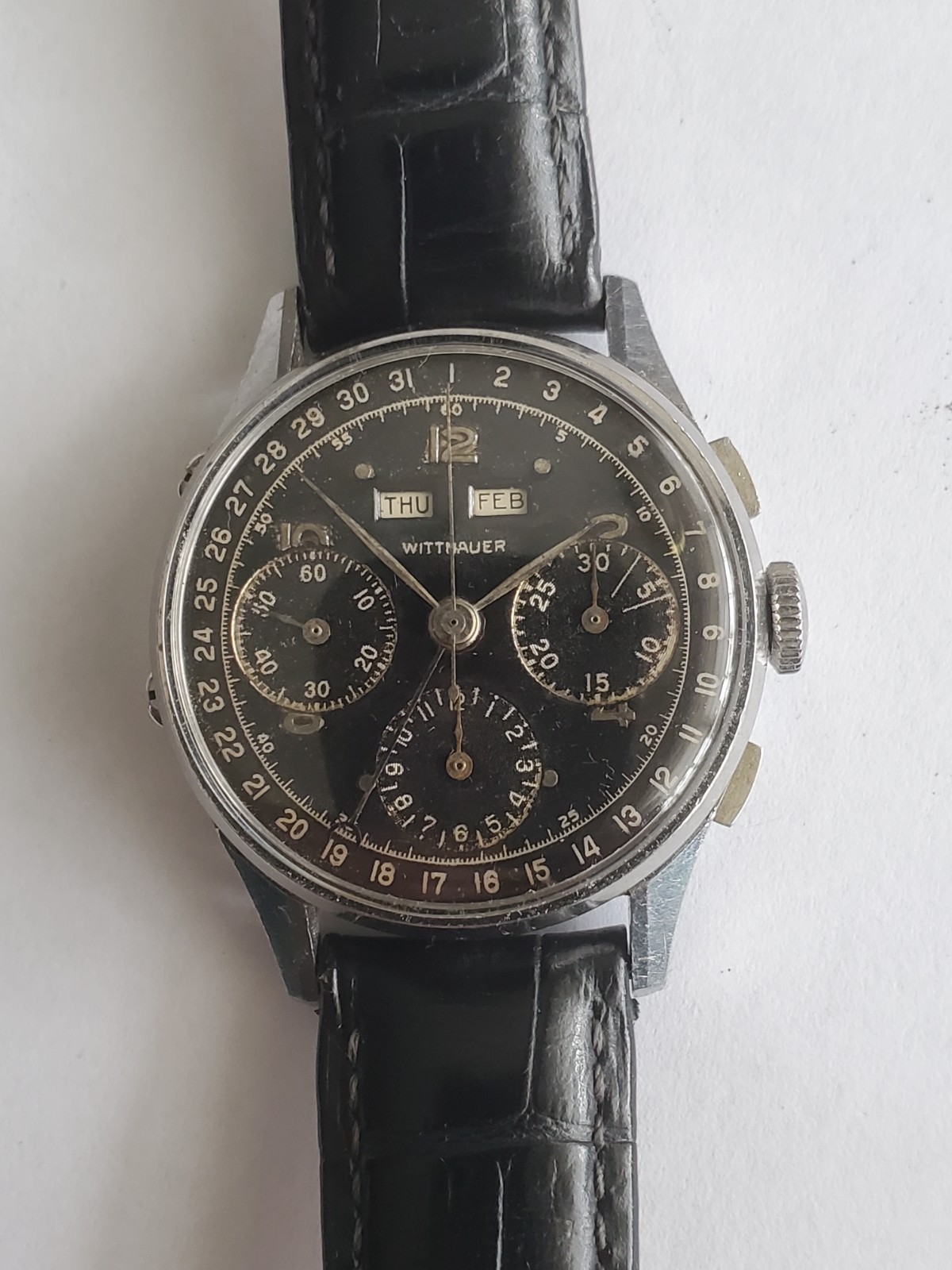 Vintage SS Wittnauer Triple Date Calendar Valjoux 72C Chronograph Man’s Watch