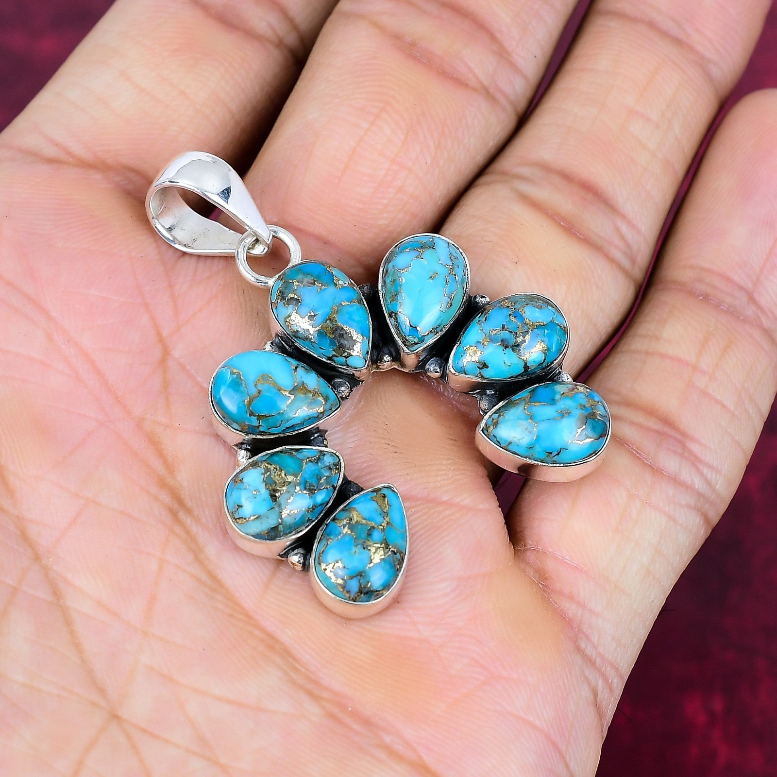 Blue Copper Turquoise Gemstones Handmade 925 Sterling Silver Pendant Jewelry