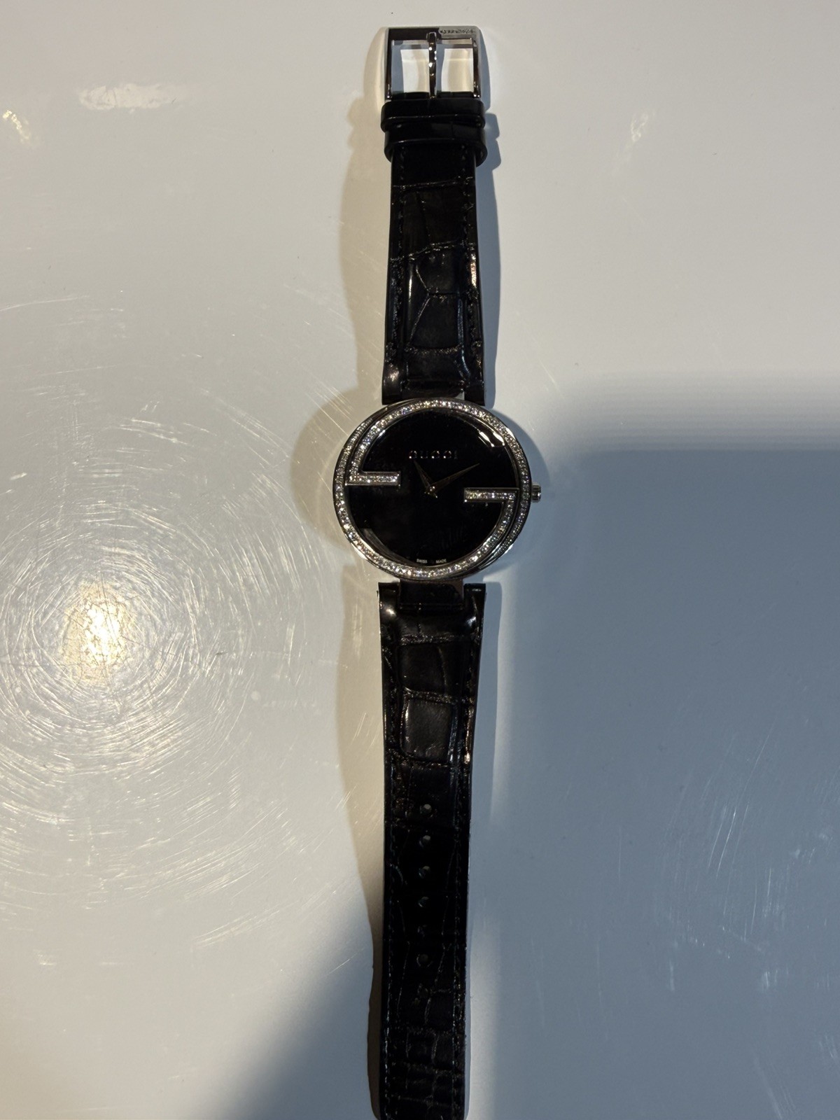 Gucci YA133312 Interlocking-G Grammy diamond bezel Unisex Black Leather strap