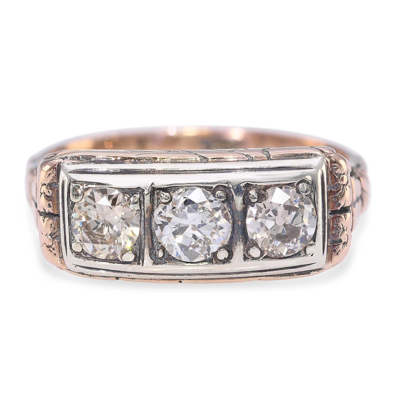 Antique 9k Rose Gold & Silver 0.78tcw Old Euro Cut Diamond Half Band Ring