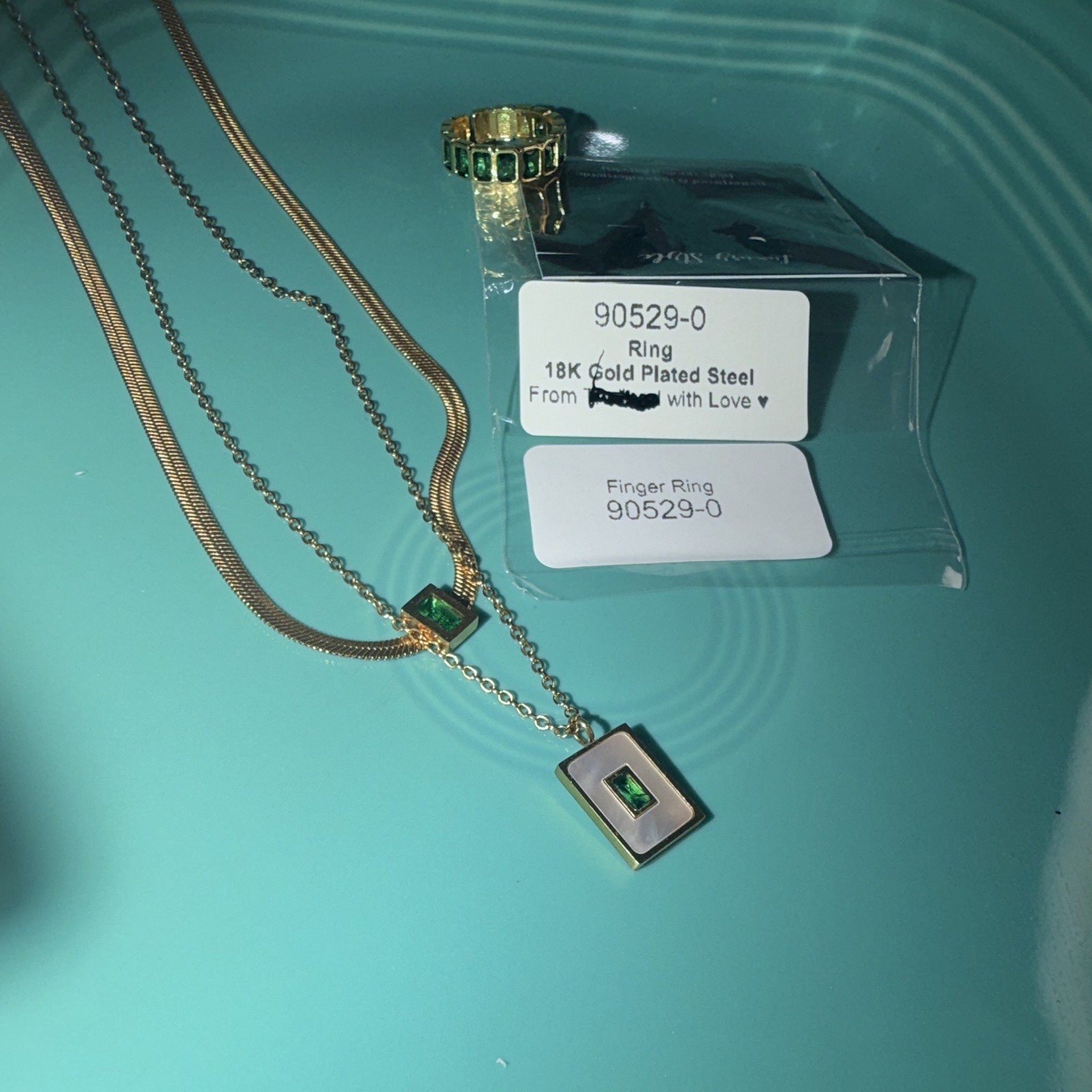 Luxury Style 18K Gold Plated Steel Necklace & Ring Set Gold/Green 90529-0