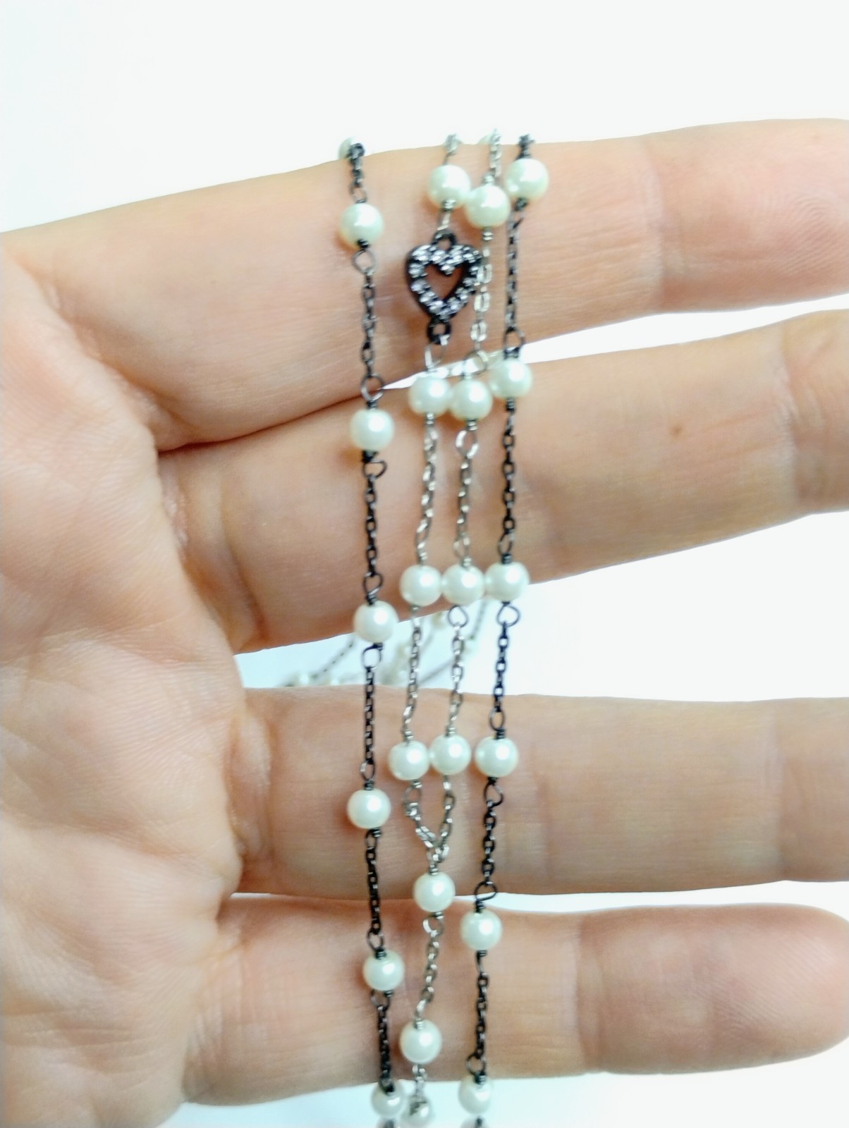 Signed CABI Faux Pearl & Rhinestone Heart Necklace