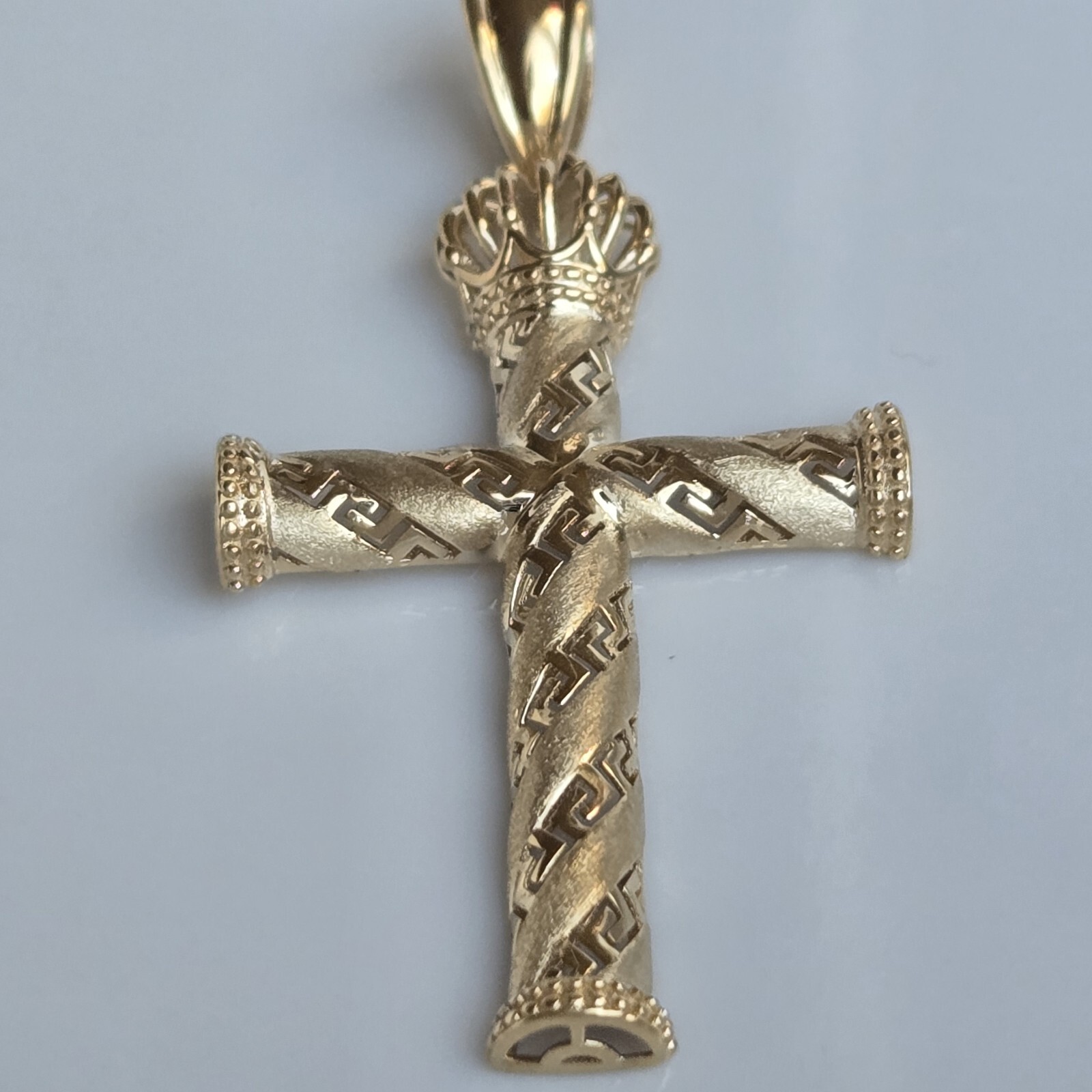 10k Gold Crown Cross Pendant Charm 1.95 inches long Medium Catholic Greek Key