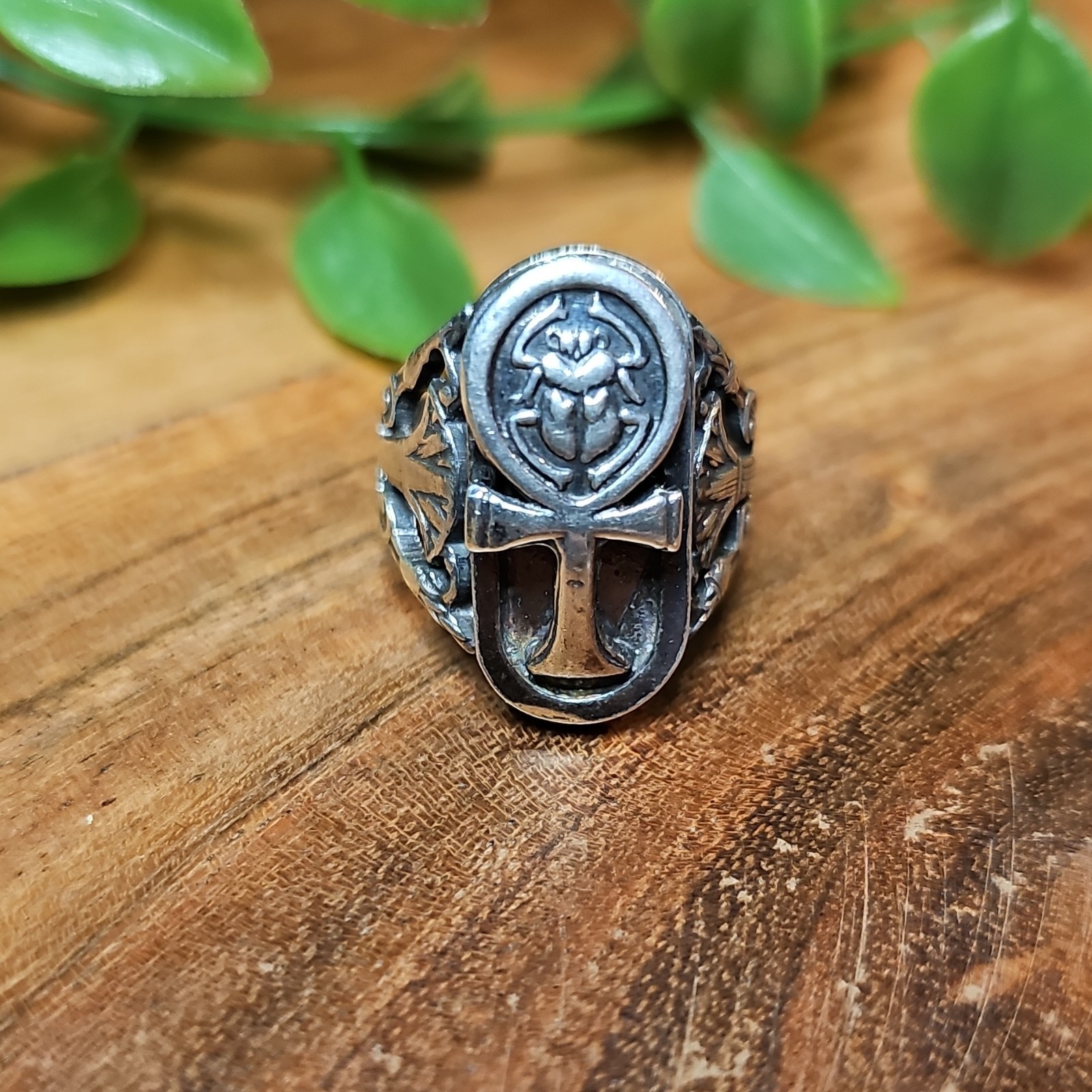 Sterling Silver Scarab Ankh Ring Egyptian Mythology Filigree Statement Sz 6.5